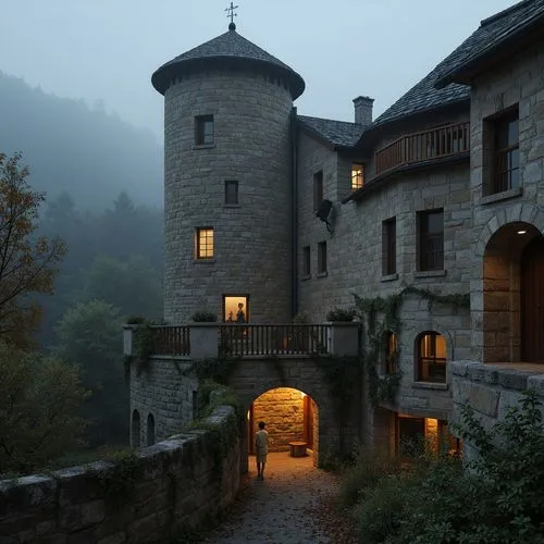 Rustic watching towers, medieval architecture, stone walls, battlements, turrets, grandiose archways, ornate carvings, weathered stonework, moss-covered roofs, overhanging eaves, wooden shutters, narr