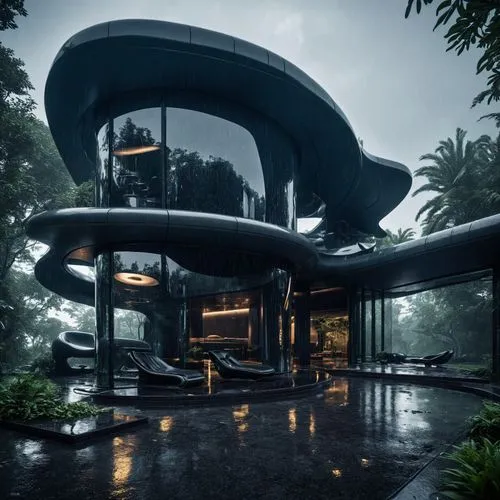 modern home with round glass windows in the rain,futuristic architecture,delamar,futuristic,lair,futuristic landscape,futuristic art museum,Conceptual Art,Sci-Fi,Sci-Fi 09