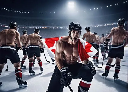 Muscular men, shirtless, sweaty, athletic builds, hockey helmets, sticks, pads, gloves, intense facial expressions, dynamic poses, ice rink, stadium lights, crowd cheering, Canadian flags, winter atmo