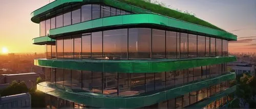 Futuristic, minimalist, transparent, airy, lightweight, geometric, curved lines, steel frame, glass walls, open space, natural ventilation, green roof, urban oasis, cityscape, sunset, warm glow, soft 