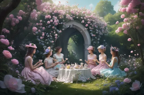 tea party,garden party,fairy world,fantasy picture,secret garden of venus,high tea,fairy forest,wonderland,afternoon tea,fairies,picnic,vintage fairies,a fairy tale,quinceañera,alice in wonderland,apollo and the muses,tearoom,children's fairy tale,princesses,fairy village,Conceptual Art,Fantasy,Fantasy 11