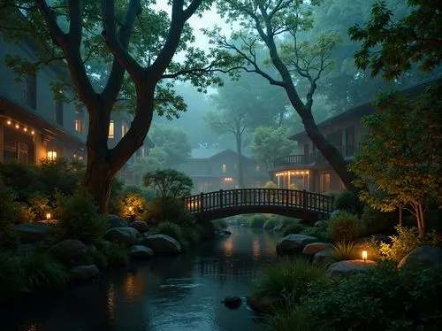 riverwood,shaoming,onsen,creekside,backwater,hotsprings,myst,fantasy landscape,riverside,evening atmosphere,seclude,streamside,rivendell,teahouse,watermill,riverwoods,shangri,sansar,hotspring,yangling