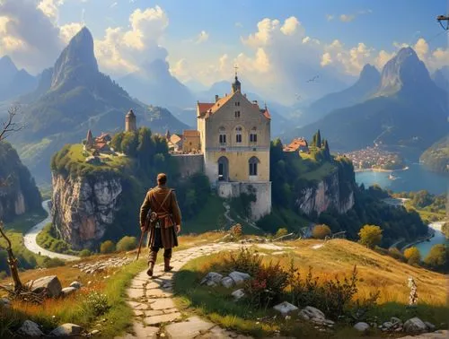 witcher,fantasy landscape,fantasy picture,heroic fantasy,fantasy art,the wanderer,mountain settlement,world digital painting,fantasy world,massively multiplayer online role-playing game,landscape back