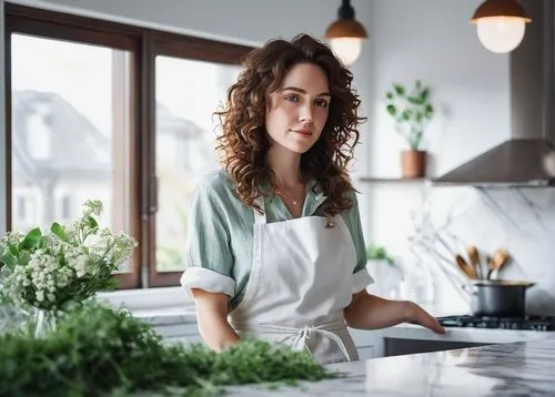 Modern kitchen, elegant lady, 30s, curly brown hair, minimal makeup, white apron, standing, cooking, stainless steel appliances, marble countertops, wooden cabinets, pendant lights, green plants, flow