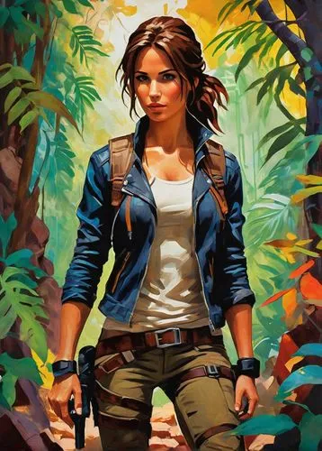 lara,uncharted,rosita,katniss,girl with gun,game illustration,aphra,croft,biologist,renegade,tlou,sci fiction illustration,struzan,brigette,girl with a gun,logan,protagonist,indiana jones,game art,paleobotanist,Conceptual Art,Oil color,Oil Color 25