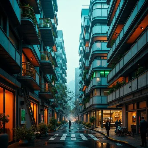 Industrial machinery, metallic structures, bold color scheme, bright orange accents, deep blue undertones, neon green highlights, sleek silver lines, urban cityscape, misty atmospheric effects, dramat