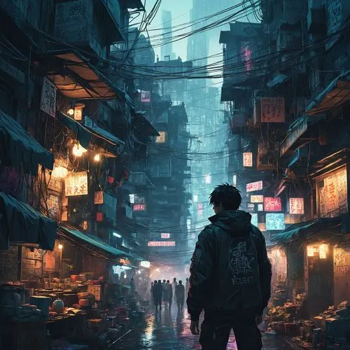 a man stands in an alley while looking at others,cyberpunk,mongkok,kowloon,shanghai,shinjuku,dystopian,Conceptual Art,Fantasy,Fantasy 02