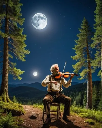 lonely fiddler amidst forests, moon night ,violinist violinist of the moon,violin player,violinist,menuhin,playing the violin,banjo player,solo violinist,tafelmusik,violito,rostropovich,grisman,violin