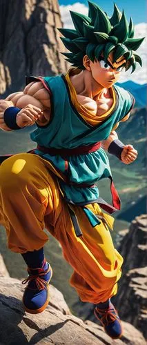 Dragon Ball Super Saiyan Deku, male, young adult, spiky black hair, fierce eyes, golden aura, ripped sleeveless shirt, blue pants, red sash, martial arts pose, dramatic lighting, dynamic composition, 