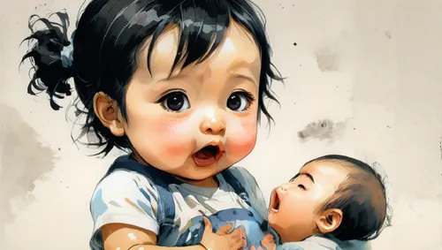 Japanese Anime Cartoon Image of a 2-year-old baby about to say her first word, Mom, Mom, in her mother's warm embrace.,an illustration of a baby holding a crying toddler,little boy and girl,amul,cute 