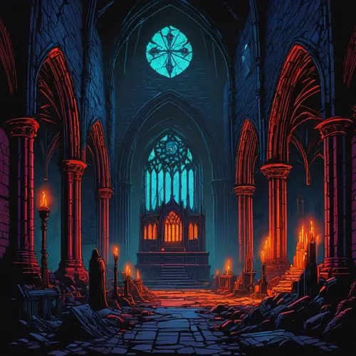 Dark fantasy scene, haunted abandoned cathedral, eerie glowing eyes in the dark, shattered stained glass windows, broken pews, overturned candles, mysterious fog rolling in, creepy atmosphere, 8-bit p