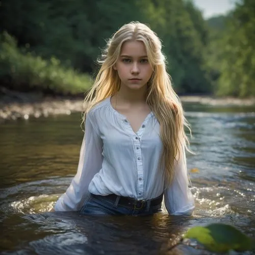 the blonde in the river,girl on the river,mystical portrait of a girl,the night of kupala,water nymph,rusalka,perched on a log,girl on the boat,eufiliya,katniss,on the river,portrait photography,young woman,elven,stream,floating on the river,in water,wild water,nordic,relaxed young girl,Conceptual Art,Fantasy,Fantasy 13