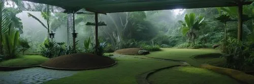 Create a vibrant scene set in a lush tropical rainforest. The path winds up a gently sloping green hill, bathed in enchanting green lighting that emphasizes the rich foliage. Capture the essence of li