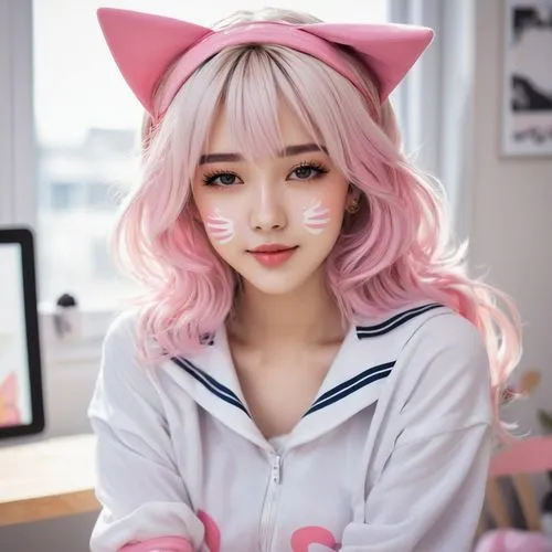 pinkaew,pink bow,pinklao,pink cat,neko,cat ears,fumie,xiaolu,zuoyun,hyoon,pink background,pink hat,pink,songkitti,cat kawaii,pink hair,natural pink,pinky,pink beauty,neopolitan,Conceptual Art,Oil color,Oil Color 07