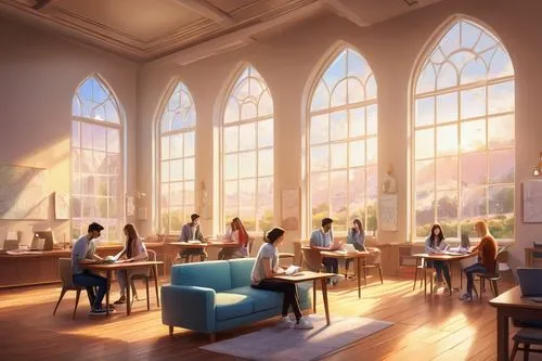 reading room,study room,lecture room,schoolrooms,renderings,school design,schoolroom,breakfast room,lecture hall,daylighting,class room,classroom,dining room,cafeteria,dandelion hall,classrooms,refectory,3d rendering,music conservatory,collaboratory,Illustration,Realistic Fantasy,Realistic Fantasy 01