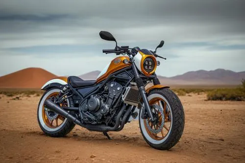 bike in postapo desert, desert storm,a yellow and orange motorcycle parked in the desert,scrambler,sportster,motorcycle,honda,rebel