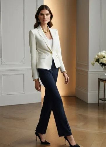 Fashion show ,a woman in white blazer, navy blue pants and heels standing on a wooden floor,maxmara,mariska,streitfeld,melania,pantsuit,menswear for women,Photography,General,Natural