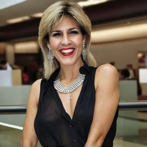 Elegant 1980s style pushed up dyed blonde-dark stretches short haircut spanish tanned skin woman in sleeveless office style lapel black silk blouse,  in glamour luxurious shopping centre foyer.  short