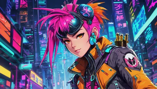 cyberpunk,mohawk,cyber,punk design,streampunk,punk,vector girl,colorful city,tracer,neon,neon arrows,pompadour,neon colors,nerve,80's design,scifi,cyborg,neon light,transistor,nova,Illustration,Japanese style,Japanese Style 03