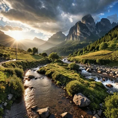 paisaje nublado lloviendo con relampagos UDH, bien detallado foto realista,the sun is shining over a mountain valley,landscape mountains alps,alpine landscape,south tyrol,nature wallpaper,dolomites,th