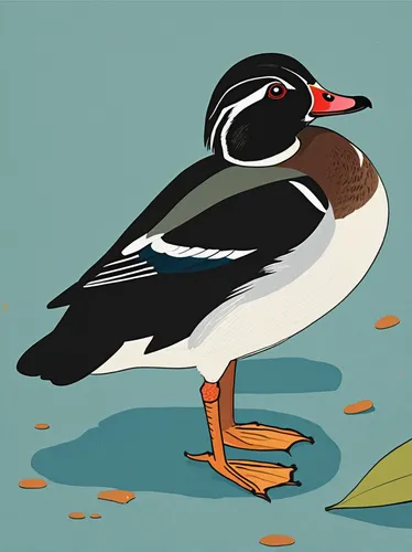 Write a whimsical story about a lost wood duck finding its way home.,hooded merganser,galliformes,bird illustration,black skimmer,american merganser,wood duck,shelduck,bufflehead,white-crowned,charadr