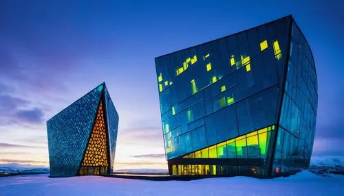 Icelandic architecture, futuristic, modern, unique shape, glass, metal, stone, curved lines, asymmetrical, dramatic, isolated, scenic, majestic, snow-capped, misty, aurora borealis, Nordic, Reykjavik,