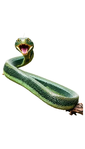 Vibrant green snake, coiled posture, scaly skin texture, forked tongue out, sharp eyes, rustic brown tree branch, warm sunlight filtering through leaves, 3/4 composition, shallow depth of field, natur