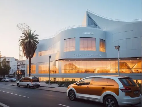 REMODELACION DE UNA PLAZA COMERCIAL, CON ARQUITECTURA NOVEDOSA,two vehicles driving in front of a large white building,futuristic art museum,macba,walt disney concert hall,macerich,walt disney center,