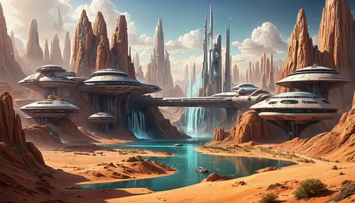 futuristic landscape,alien world,fantasy landscape,barsoom,alien planet,homeworlds,cardassia,ringworld,farpoint,homeworld,skylands,citadels,gallifrey,ancient city,extrasolar,desert landscape,imperial shores,geonosis,futuristic architecture,desert planet