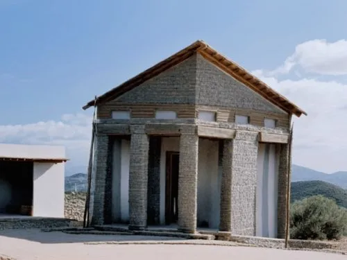 an old house with two doors and pillars,greek temple,roman temple,temple of diana,amphipolis,mausolea,viminacium,Photography,General,Realistic