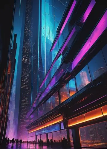 cybercity,glass building,futuristic architecture,vdara,skybridge,glass facade,futuristic art museum,colored lights,glass facades,guangzhou,glass wall,skywalks,futuristic landscape,hypermodern,shanghai,city at night,skyways,skywalk,skyscraper,futuristic,Conceptual Art,Oil color,Oil Color 11