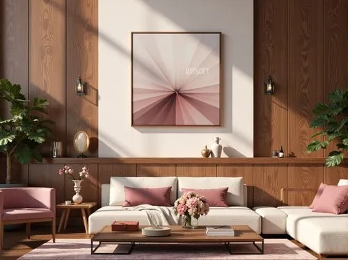 modern decor,floral mockup,livingroom,living room,minimalist flowers,patterned wood decoration,contemporary decor,interior decoration,flower painting,interior decor,3d rendering,3d render,modern living room,wooden mockup,decors,sitting room,interior design,furnishing,decor,wood daisy background