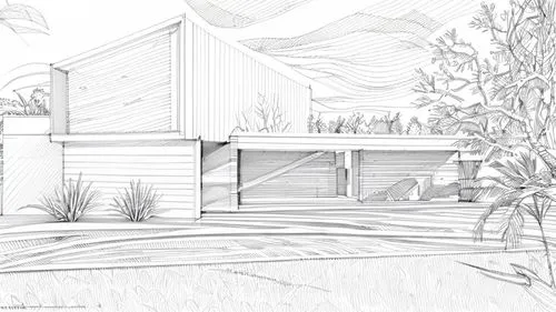 drawing of a house with a large plot,sketchup,house drawing,mid century house,landscape design sydney,revit,neutra,Design Sketch,Design Sketch,Hand-drawn Line Art