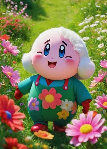 Handsome Kirby, solo, cute facial expression, bright blue eyes, fluffy white hair, pink cheeks, red shoes, white gloves, round belly, standing, smiling, in a lush green meadow, surrounded by colorful 