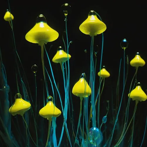 Yellow drops are flowing,transparent bioluminescent,hologram neon
,dinoflagellates,bioluminescence,choanoflagellates,jellyfish,jellyfishes,bioluminescent,dinoflagellate,pseudobulbs,chihuly,sea jellies