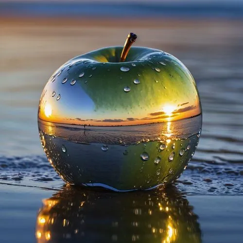 closeup professional photograph reflection of a beach water scene at sunset, seen in a perfect polished chrome apple, sitting on water and glistening with dew drops,golden apple,water apple,reflection