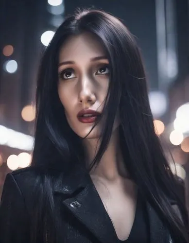 a beautiful model with black long straight hair in total modern black wear at a photosession in the dark future city at night and there is a very cold and dark atmosphere and aesthetic there,a doll dr