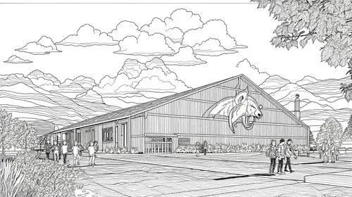 sketchup,renderings,revit,passivhaus,school design,cohousing,equestrian center,ski facility,horse barn,unbuilt,wooden church,archidaily,olympia ski stadium,redevelopment,cowshed,lumberyards,piglet barn,bohlin,longhouse,timber house,Illustration,American Style,American Style 03