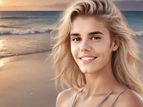 justin bieber is a woman, wearing a triangle bikini, stands with her back to the setting sun on a beach, looking over her shoulder at the camera.
The woman's perfect form is etched against the canvas 