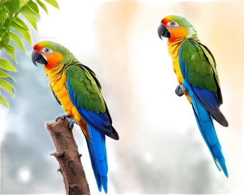 Colorful parrots, perched, vibrant plumage, green blue yellow feathers, curved beak, big eyes, tropical atmosphere, lush foliage background, warm lighting, shallow depth of field, 3/4 composition, sof