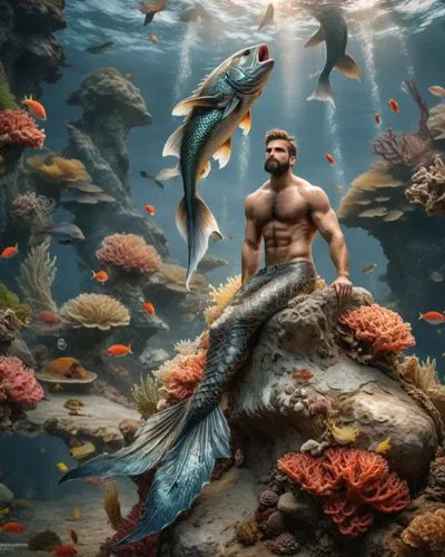 men, man, mermaid, real, naked, male, fish tail, sea ​​bass, coral reef, boy, man, masculine, muscles, sexy, muscular, hd, triton, ,the man is sitting on a rock with his tail up,god of the sea,mermen,