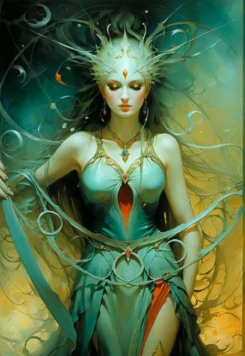 a female in a blue dress and tiara holds a green ribbon around her neck,shiva,nakshatras,dakini,lord shiva,shivaratri,priestess,Illustration,Realistic Fantasy,Realistic Fantasy 16