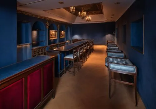 a long empty bar with blue walls and lots of stools,wardroom,piano bar,blue room,speakeasy,locanda,chefs kitchen,Photography,General,Realistic