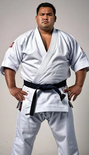 raw photo, burly chubby guy, Tongan, 38 years old, round face, fat, wet skin, serious face, black skin,  Judo athlete, wearing Judo gi, full body shot, hands on waist, body hair on chest,a man standin