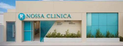 Facade of the dental clinic, beige wall, with ACM strips in Turquoise Blue, with steel gate, sliding glass entrance door. Marble with letters from Medical Specialties.
,nonsurgical,clinic,clinica,podi