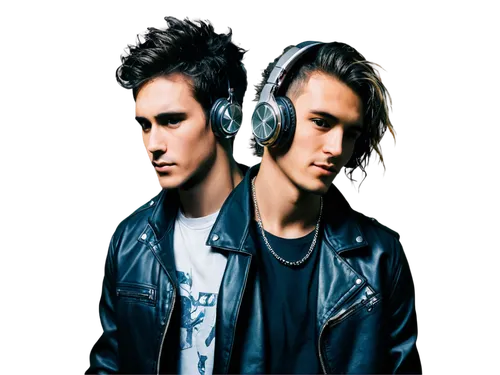 DJ equipment, male DJ, young adult, cool hairstyle, headphones, black leather jacket, silver chain necklace, studio setting, neon lights, soundboard, vinyl records, CD players, turntables, mixers, mic