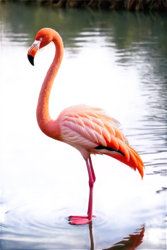 Pink flamingo, standing posture, feathers fluffy, long neck, beak bent, eyes closed, peaceful expression, soft pink feathers, gentle ripples on water surface, morning mist, warm sunlight, shallow dept