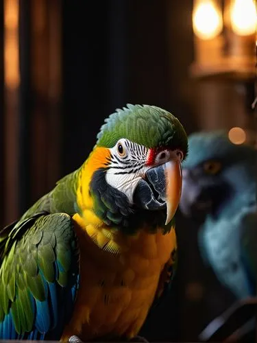 A parrot with a fierce look in its eyes in a mysterious atmosphere and dark lighting,a parrot sitting on the arm of someones hand,couple macaw,macaws blue gold,fur-care parrots,macaws on black backgro