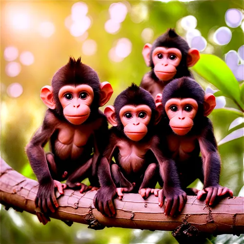 cute monkeys, three monkeys, different ages, playful, mischievous, curious, furry skin, bright eyes, agile bodies, climbing poses, sitting on branches, tropical leaves background, warm sunlight filter