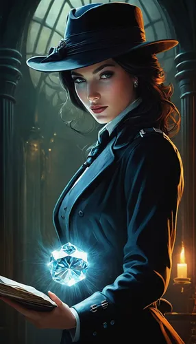 investigator,witch's hat icon,magician,black hat,witch's hat,sorceress,dodge warlock,magic grimoire,divination,librarian,witch,victorian lady,sci fiction illustration,game illustration,the hat of the woman,blue enchantress,fantasy portrait,witch hat,inspector,watchmaker,Illustration,Realistic Fantasy,Realistic Fantasy 16